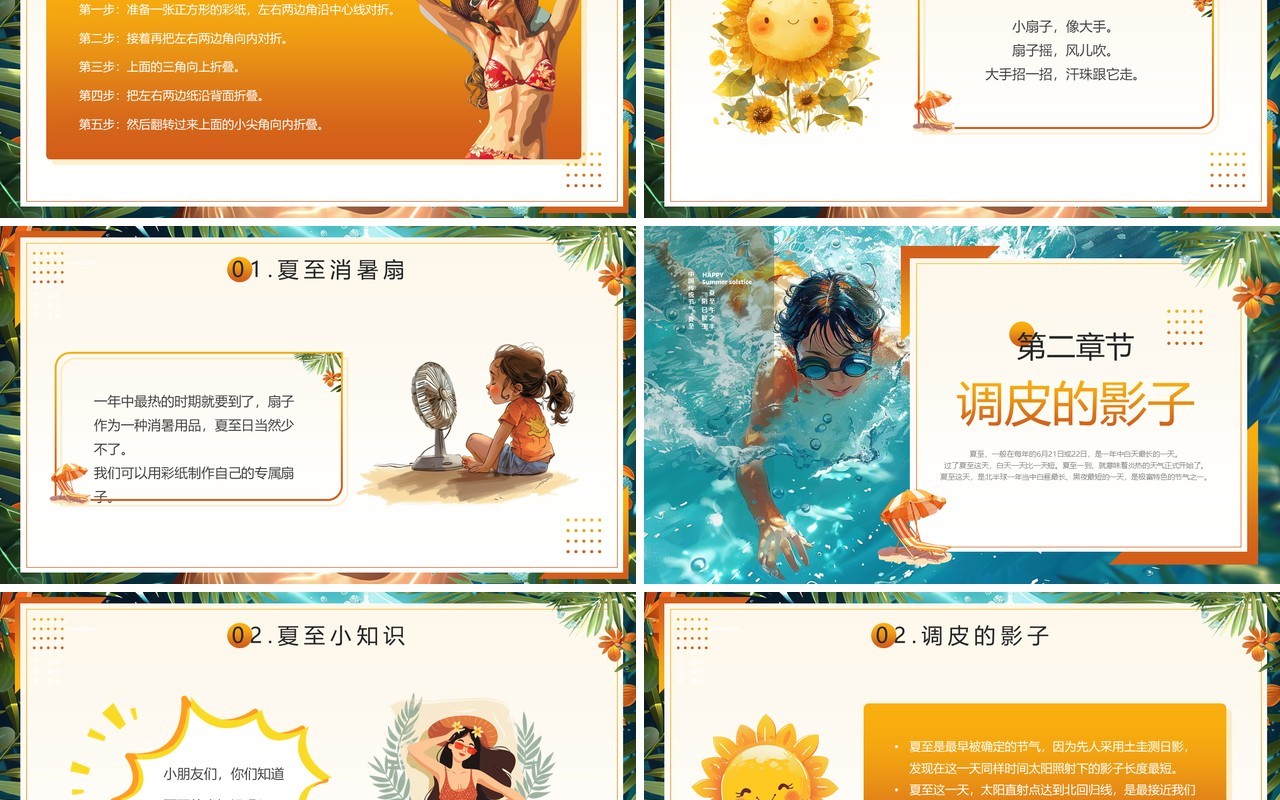 橙色插画风二十四节气之夏至介绍PPT模板