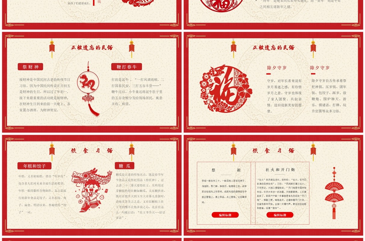 红色剪纸风龙年春节礼仪习俗PPT模板
