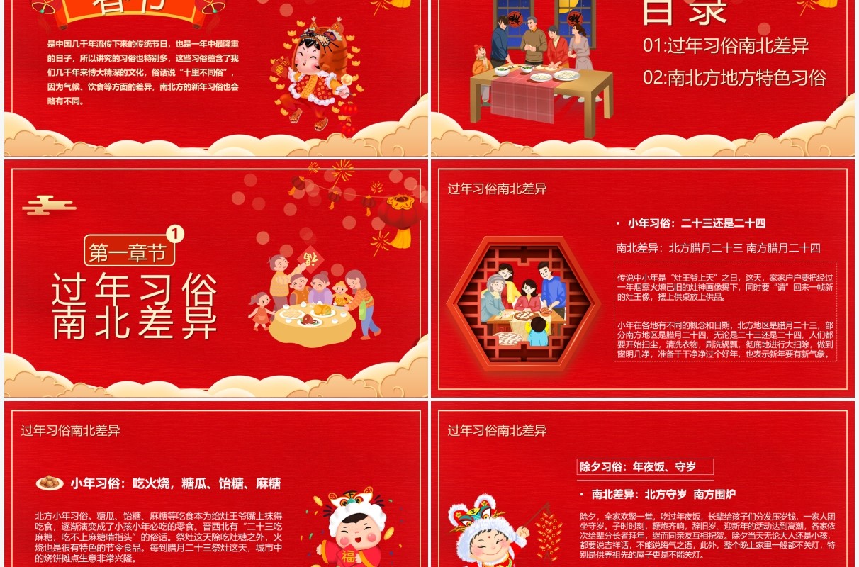 红色卡通南北地方春节习俗介绍PPT模板