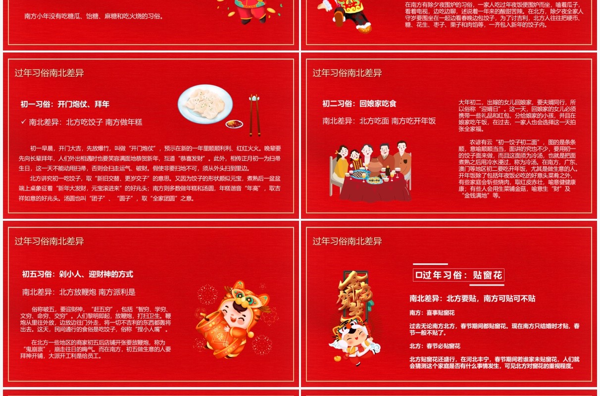 红色卡通南北地方春节习俗介绍PPT模板