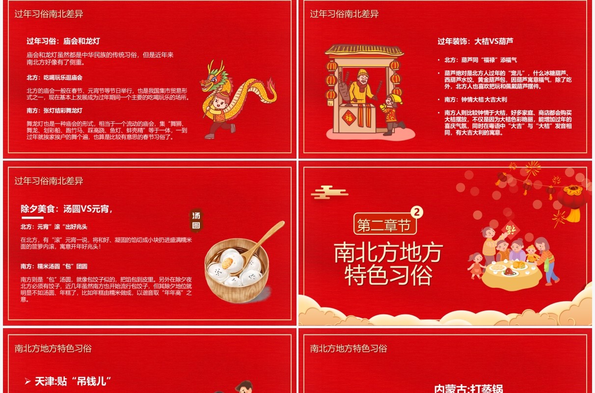 红色卡通南北地方春节习俗介绍PPT模板