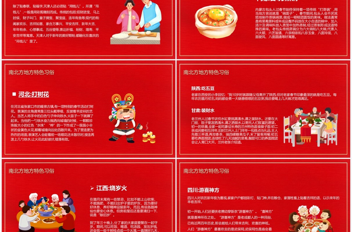 红色卡通南北地方春节习俗介绍PPT模板