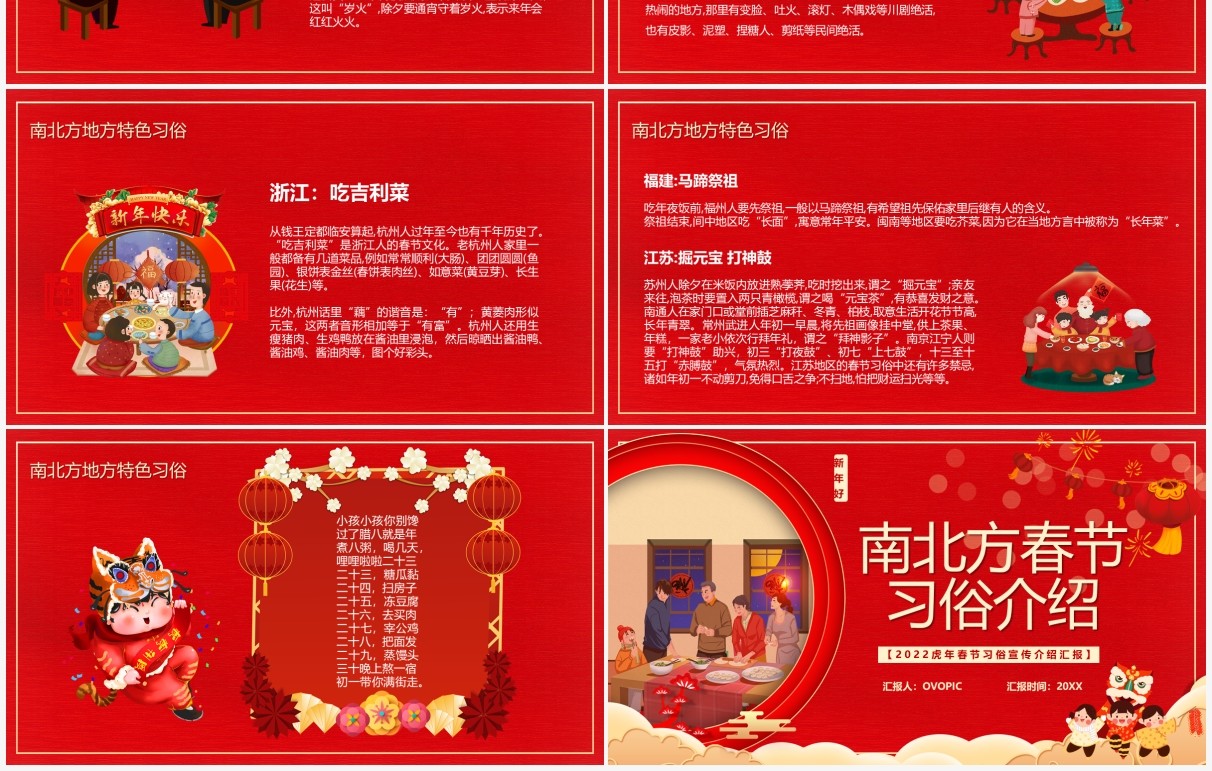 红色卡通南北地方春节习俗介绍PPT模板