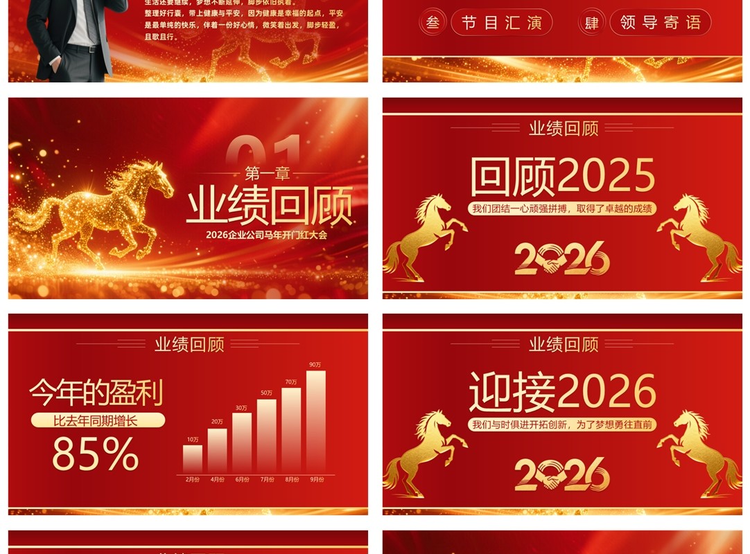 红色商务风马年企业年会年终总结PPT模板