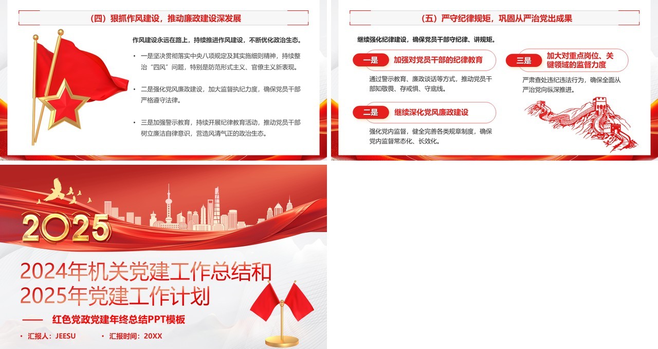 红色简约风机关党建总结及新年计划PPT模板