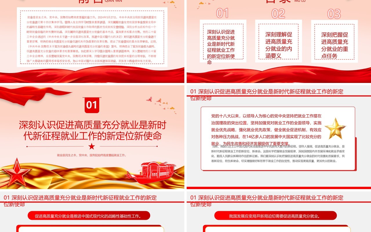 红色简约风促进高质量充分就业PPT模板