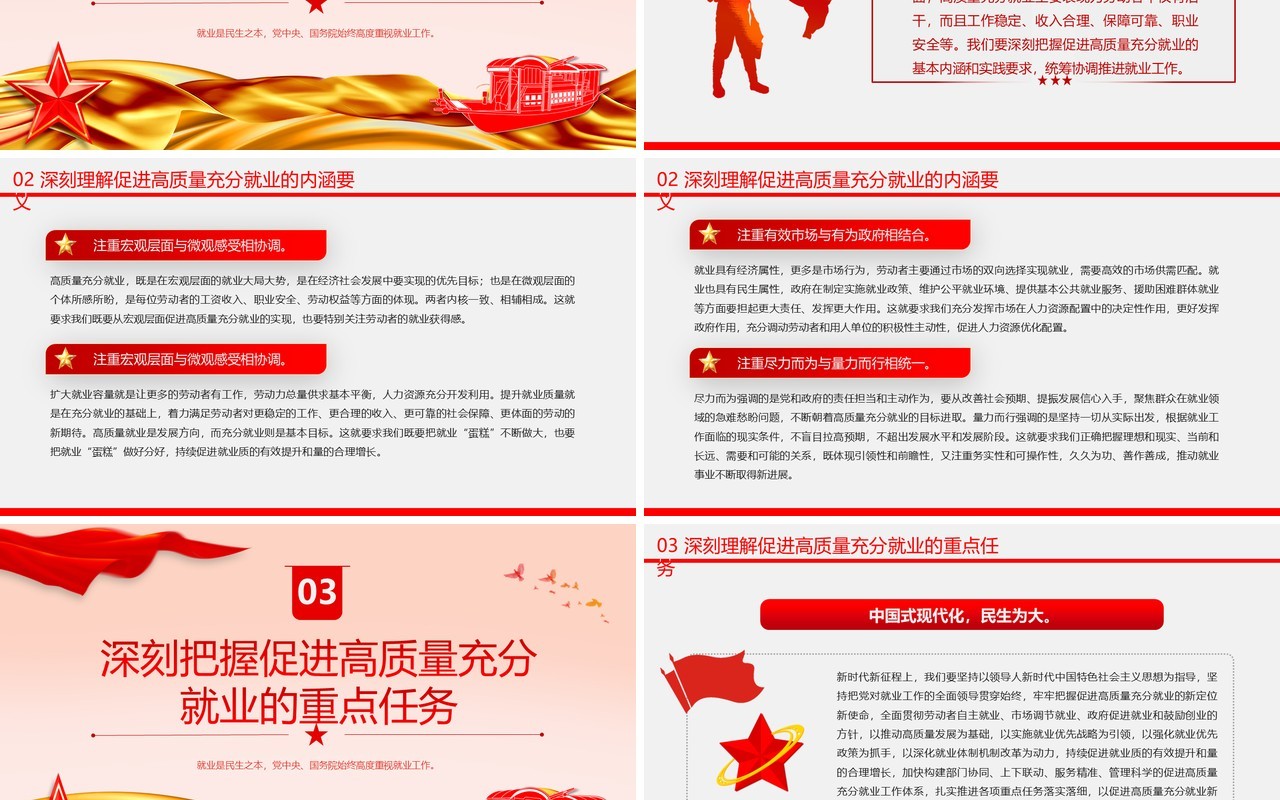 红色简约风促进高质量充分就业PPT模板