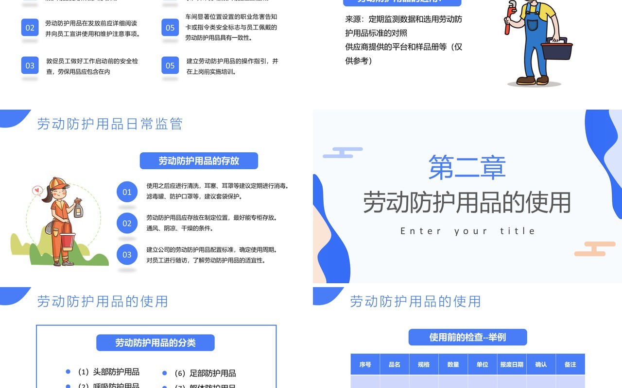 蓝色扁平劳动防护用品使用和管理培训通用PPT模板