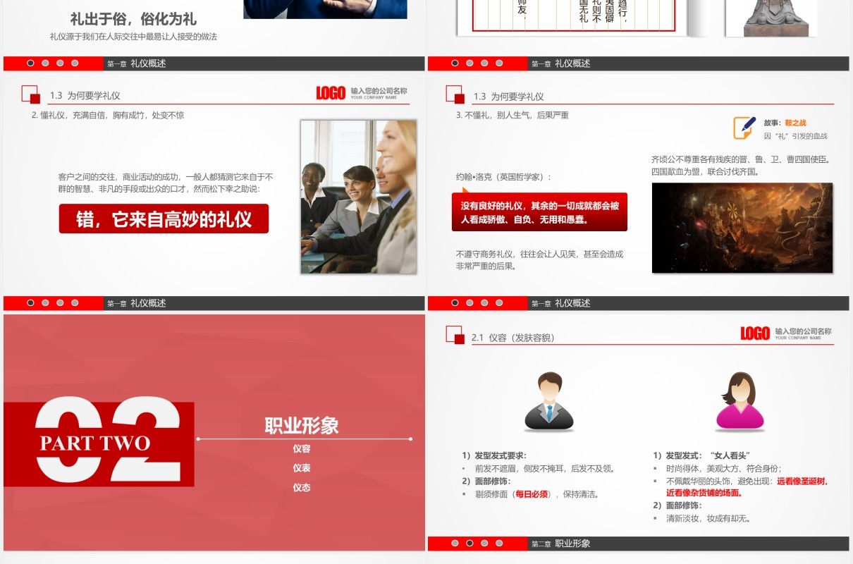 红色微粒体实用企业管理员工入职商务礼仪培训课件PPT模板