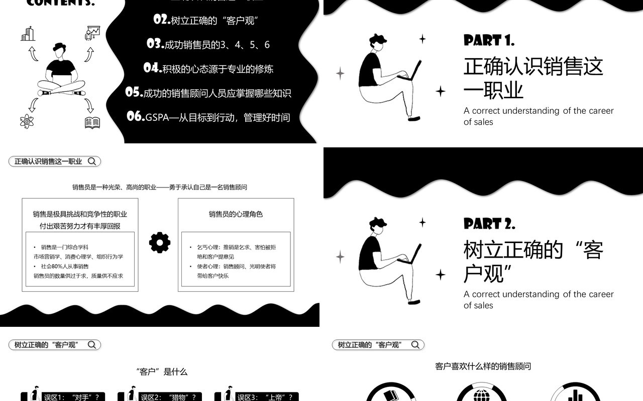 黑白手绘风销售人员入职培训PPT模板