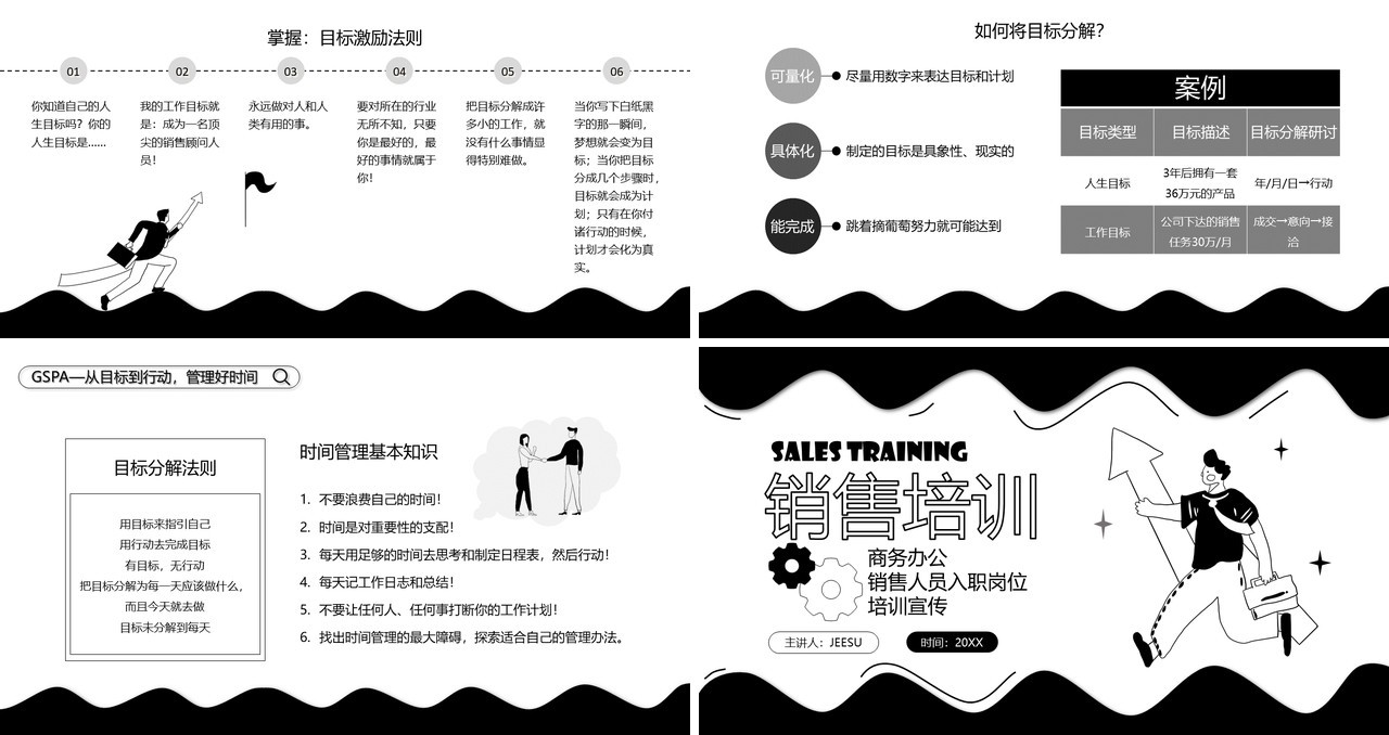 黑白手绘风销售人员入职培训PPT模板