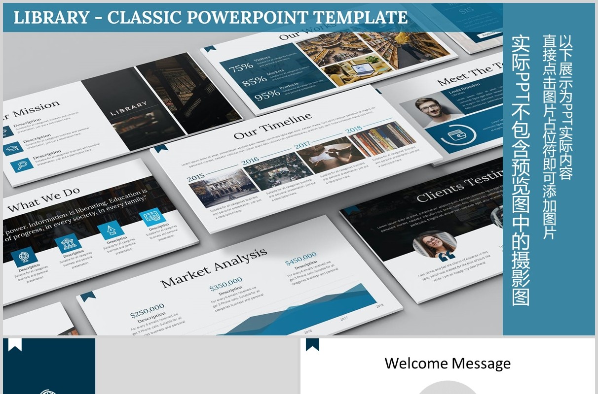 经典蓝色教育图片排版PPT模板Library - Classic Powerpoint Template