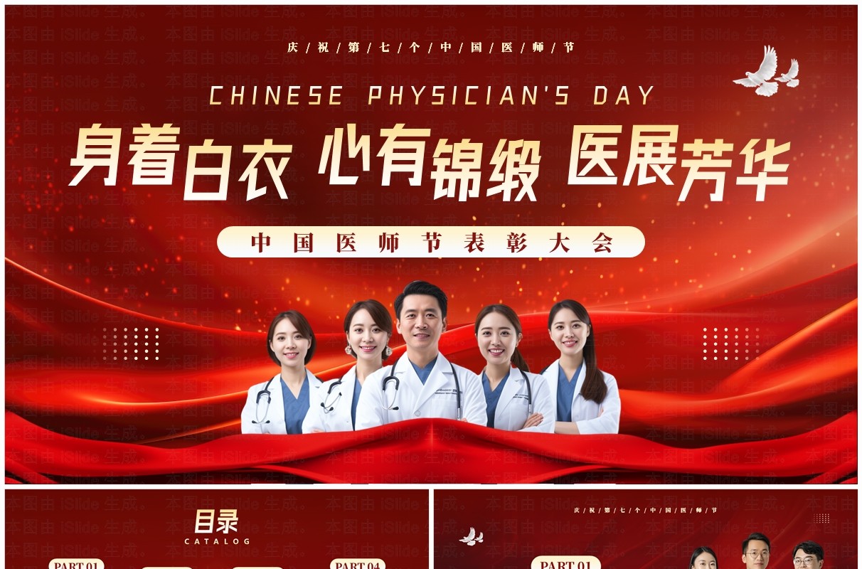 红色简约中国医师节表彰颁奖活动PPT模板