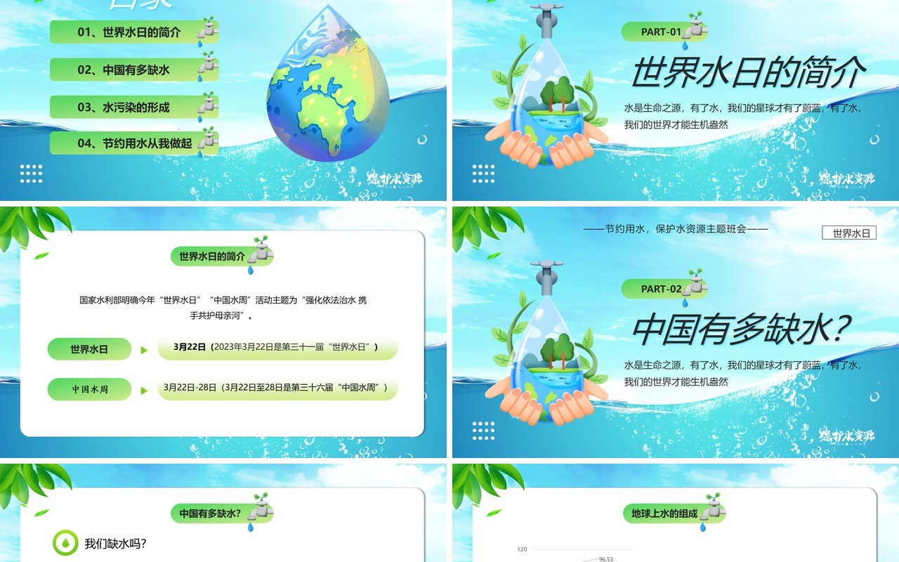 蓝色卡通风世界水日节约用水PPT模板