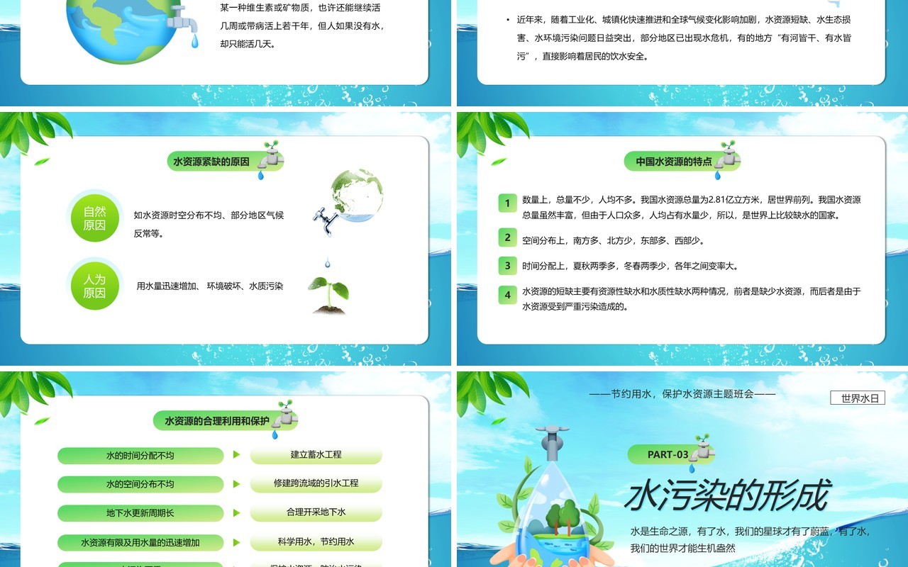 蓝色卡通风世界水日节约用水PPT模板