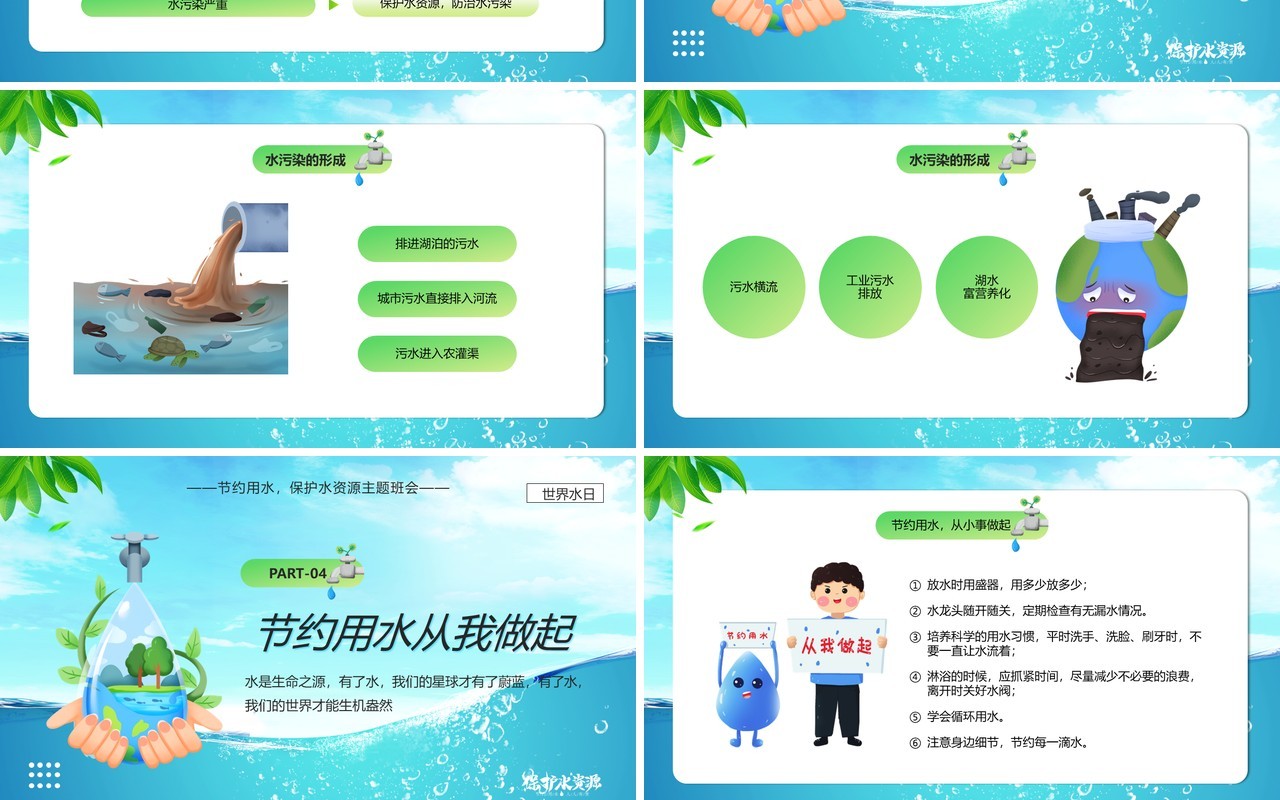 蓝色卡通风世界水日节约用水PPT模板