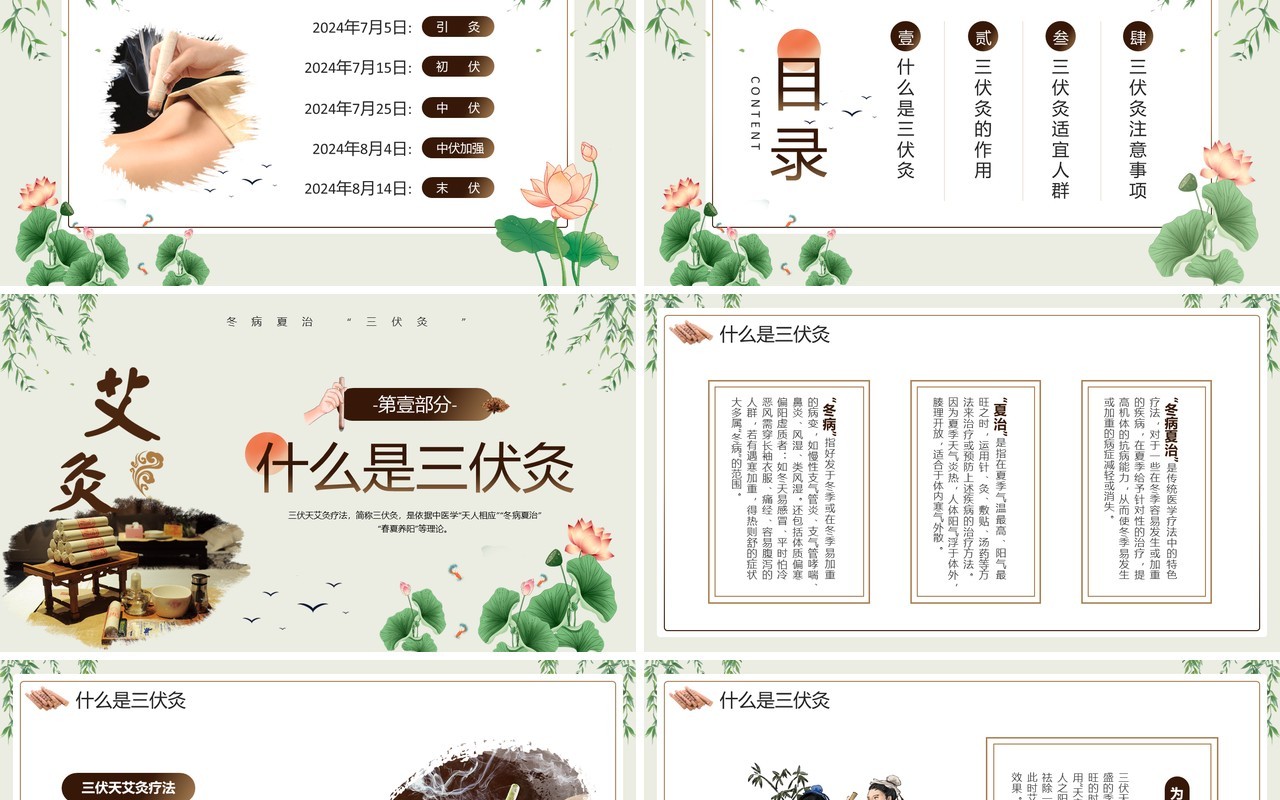 绿色中国风三伏灸知识科普PPT模板