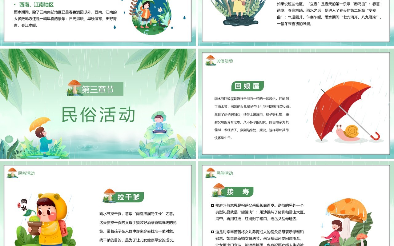 绿色卡通风传统二十四节气之雨水PPT模板