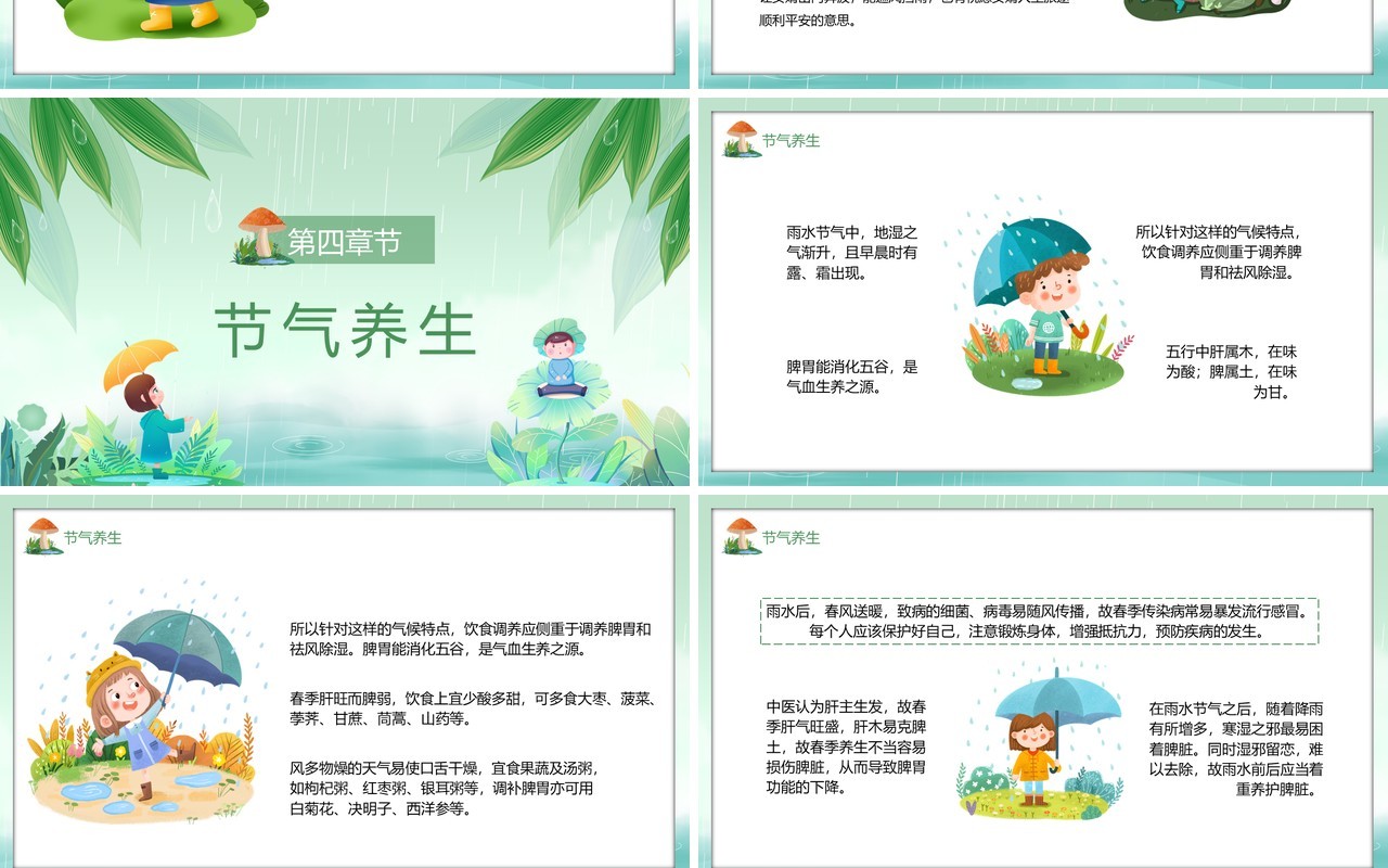 绿色卡通风传统二十四节气之雨水PPT模板