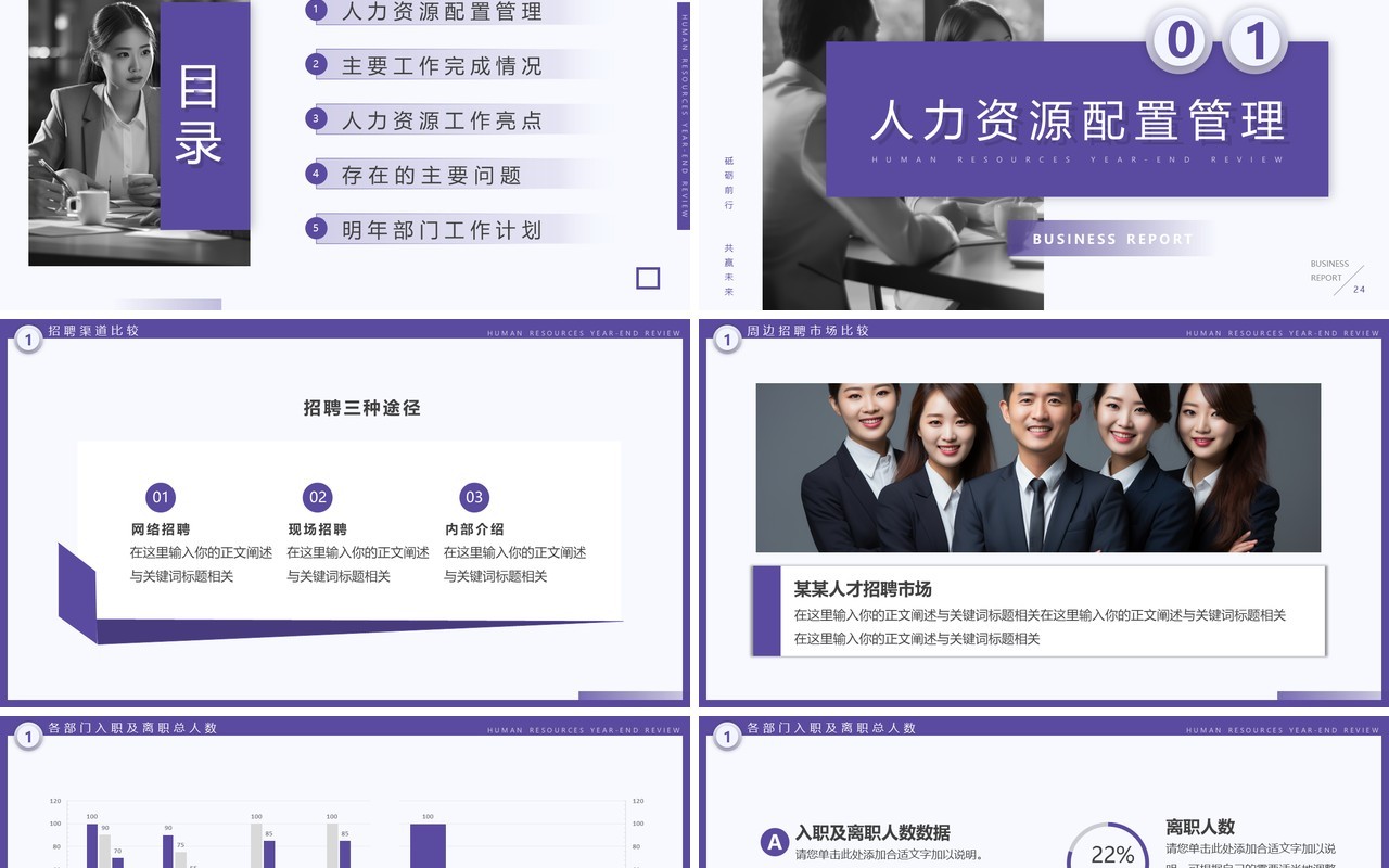 紫色简约风2024人力资源年终总结PPT模板