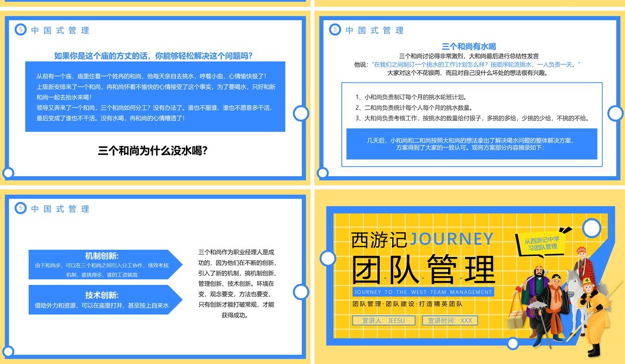 黄蓝简约风学习西游记的团队管理PPT模板