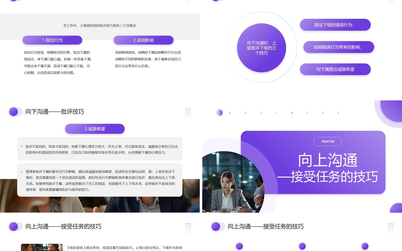 紫色商务风如何与上级下级平级沟通PPT模板