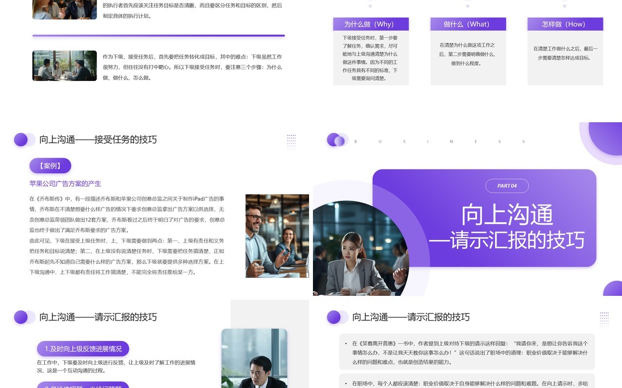 紫色商务风如何与上级下级平级沟通PPT模板