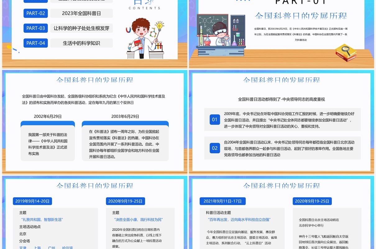 蓝色卡通风全国科普日介绍PPT模板
