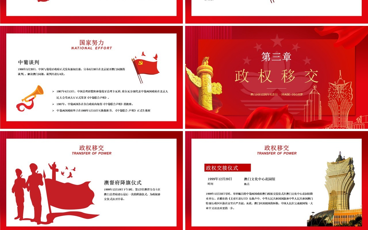 红色大气澳门回归22周年纪念日PPT模板