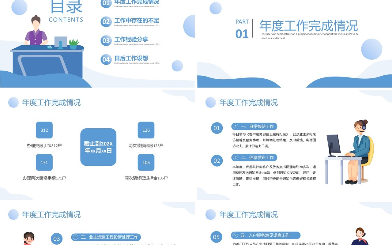 蓝色简约风物业客服年终总结PPT模板