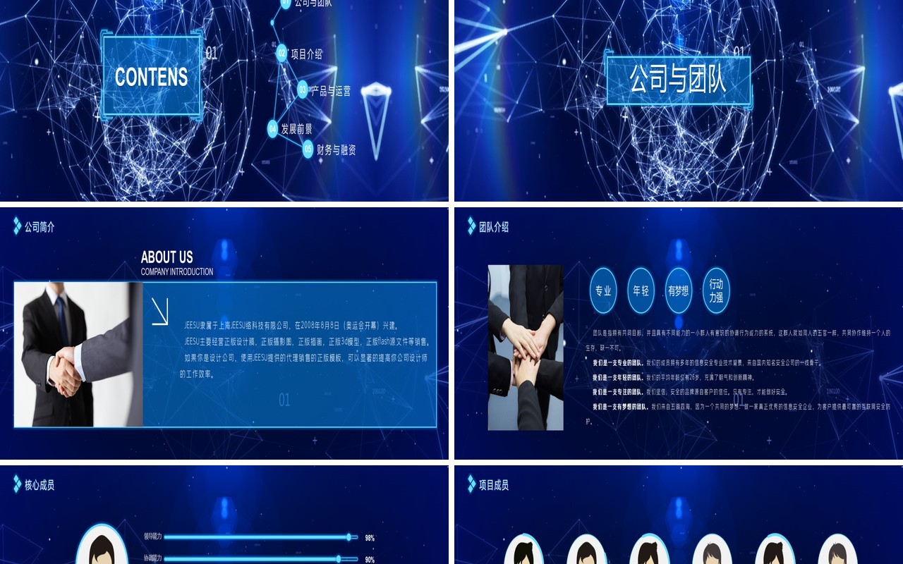 2020蓝色宽屏科技粒子线条商业创业融资计划书PPT宽屏模板