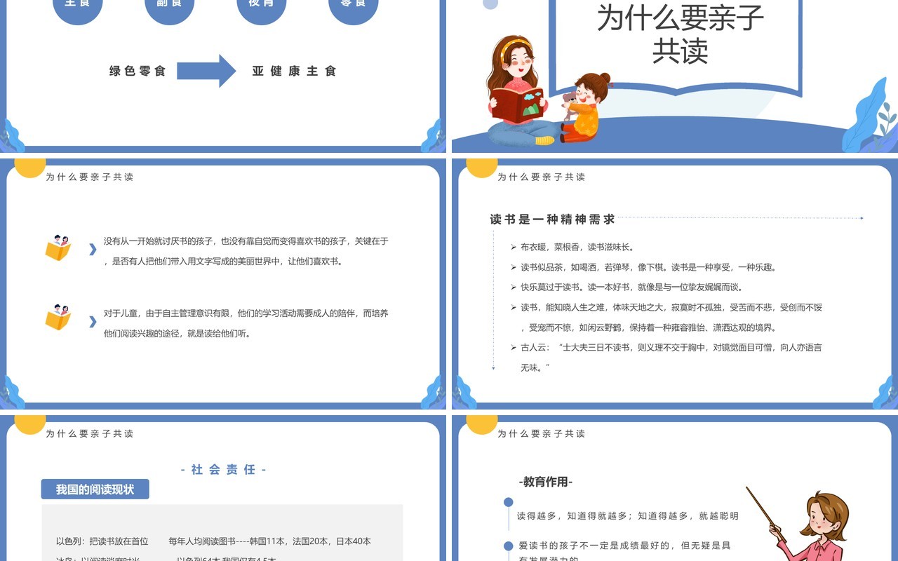 蓝色卡通风和孩子一起读书PPT模板