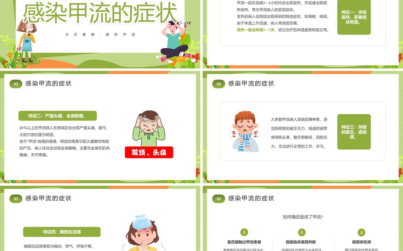 绿色卡通风甲型流感病毒PPT模板