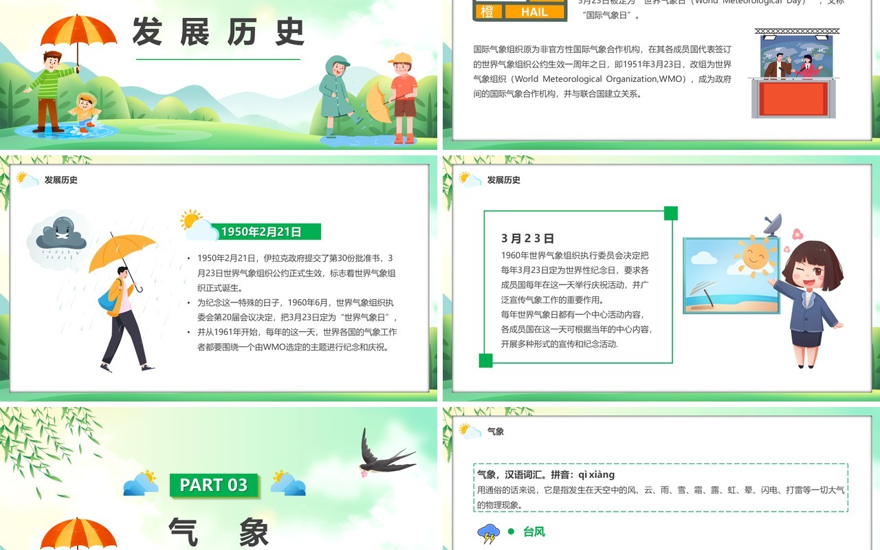 绿色卡通风世界气象日宣传PPT模板