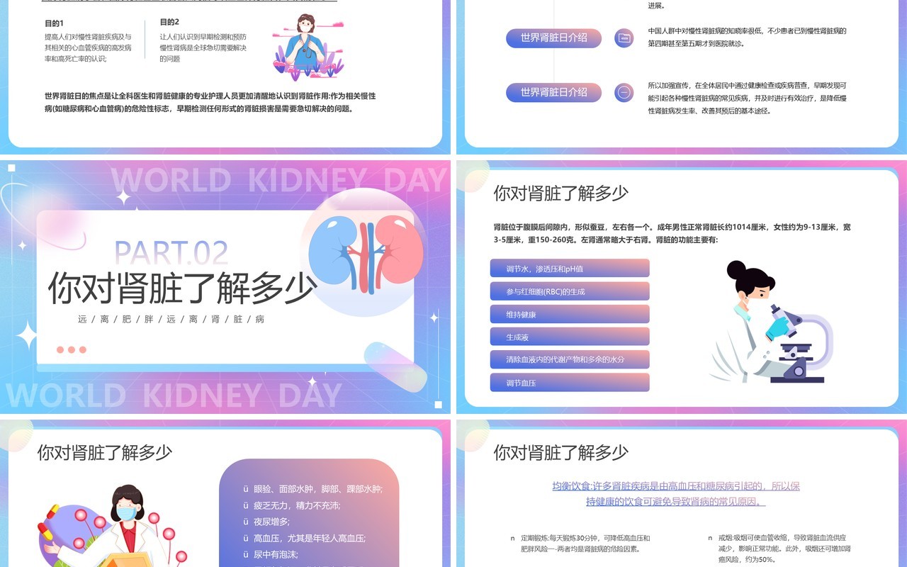 紫色渐变卡通风世界肾脏日PPT模板