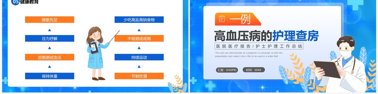 蓝色卡通风一例高血压病的护理查房PPT模板