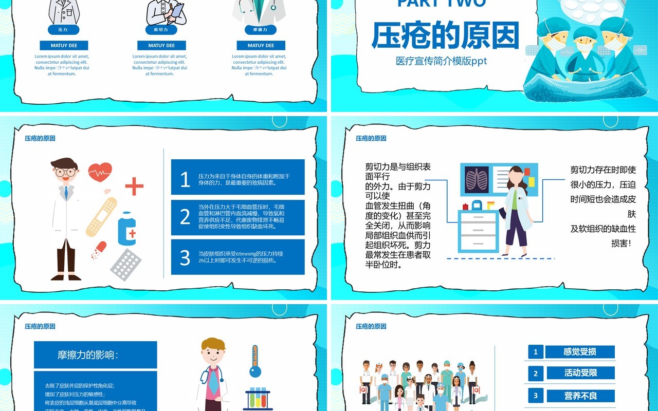蓝色插画压疮预防及护理查房PPT模版