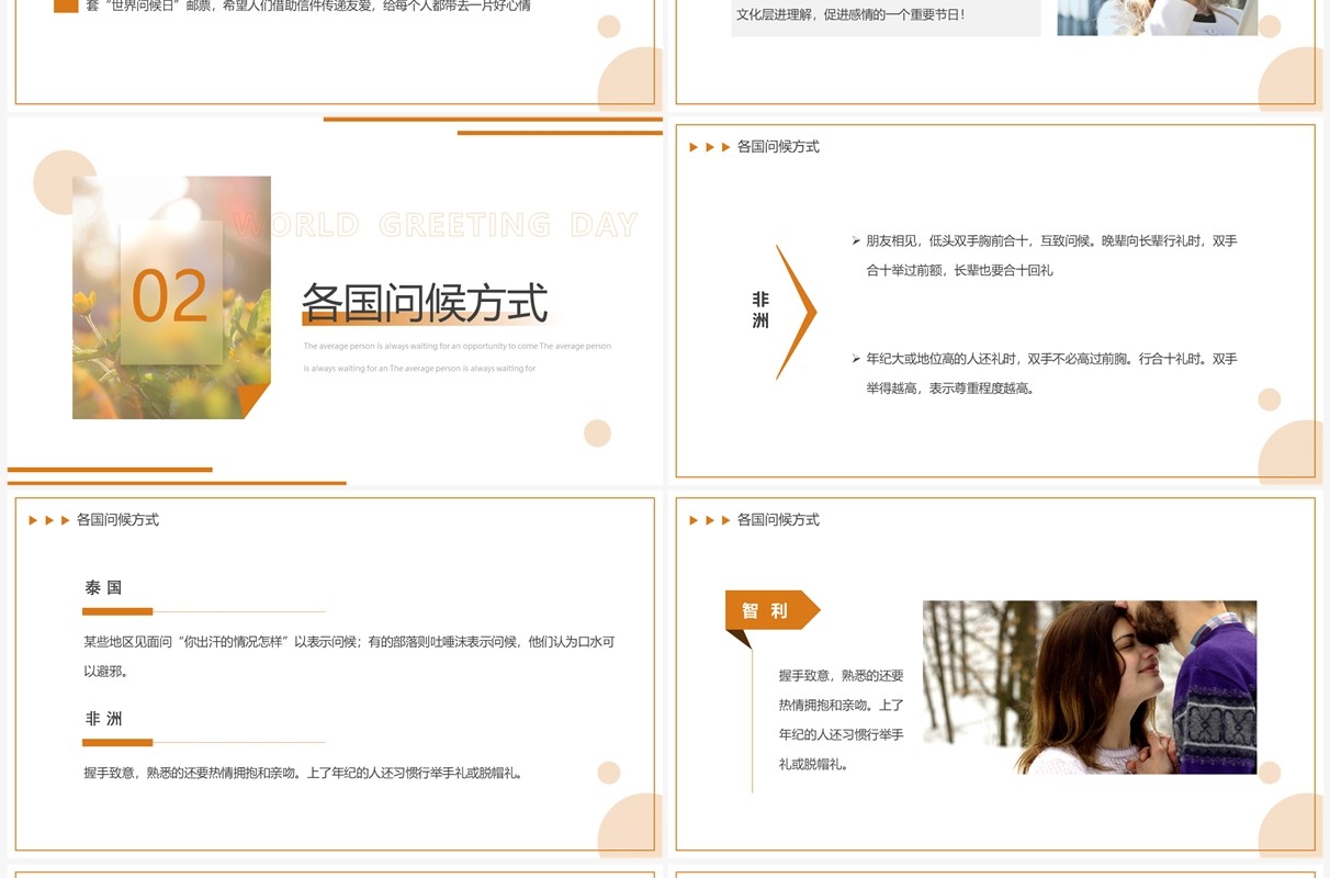 橙色简约风世界问候日介绍PPT模板