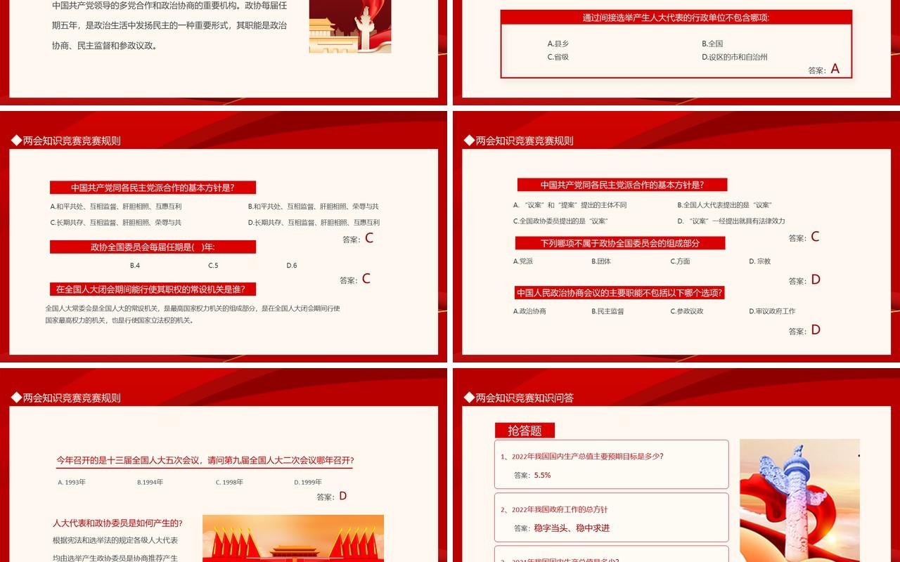 两会知识竞赛深入贯彻学习2022全国两会精神动态PPT模板