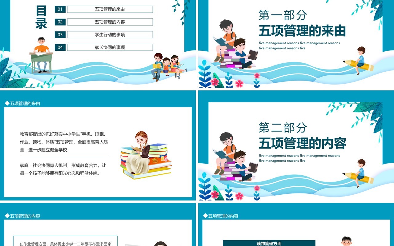 中小学生作业睡眠手机读物手机管理五项管理主题家长会动态PPT模板