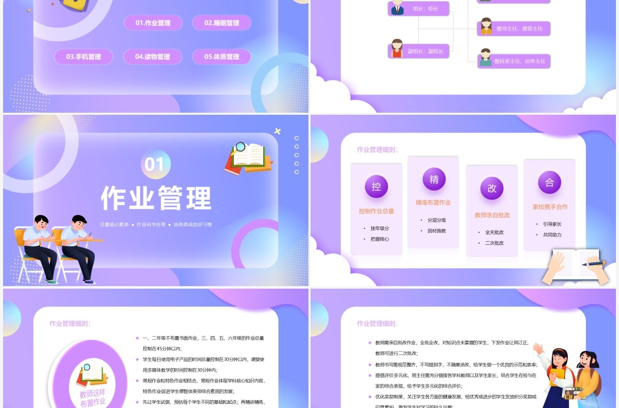 紫色中小学五项管理工作实施方案PPT模板