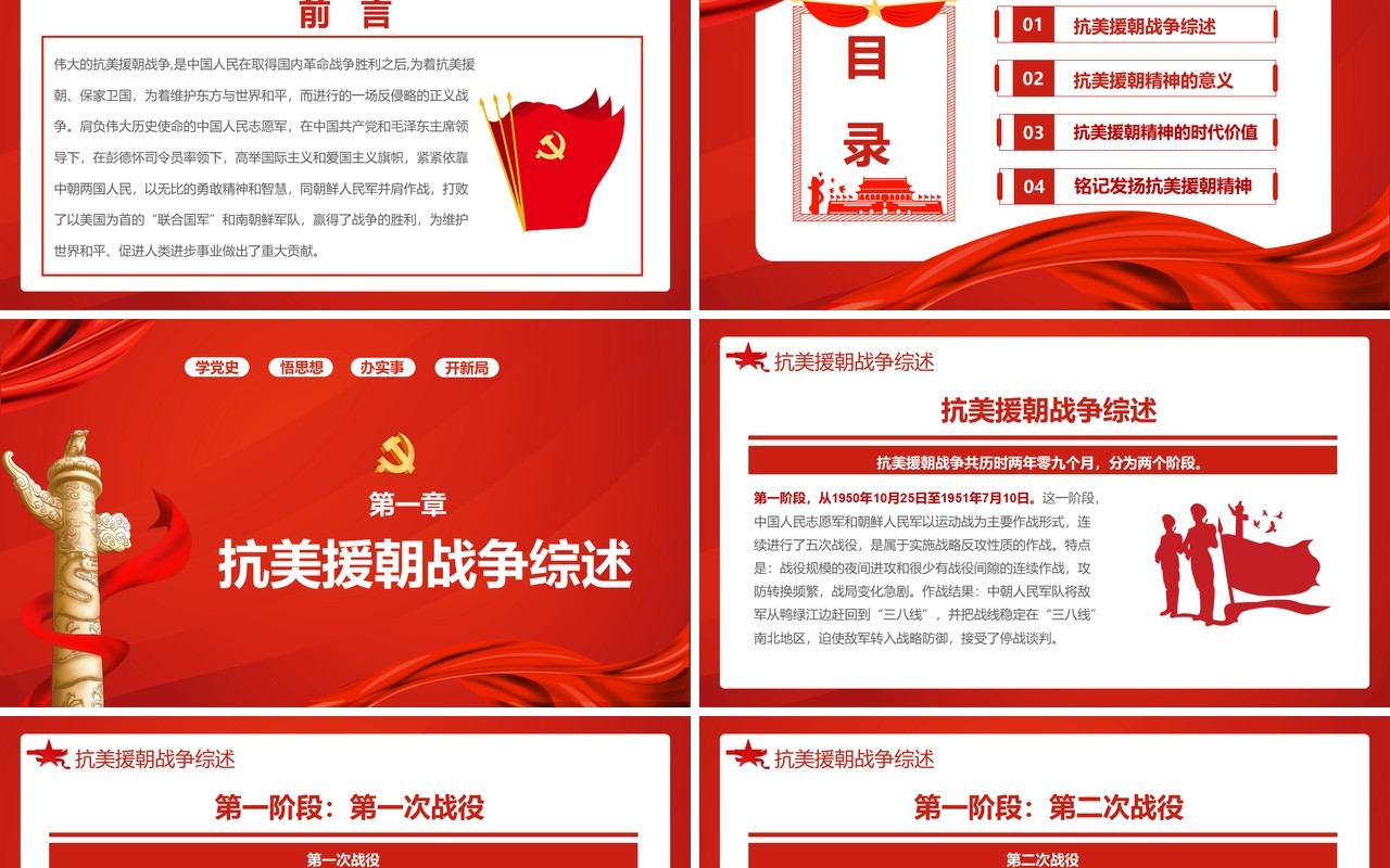 红色简约党政学习抗美援朝精神教育活动PPT模板