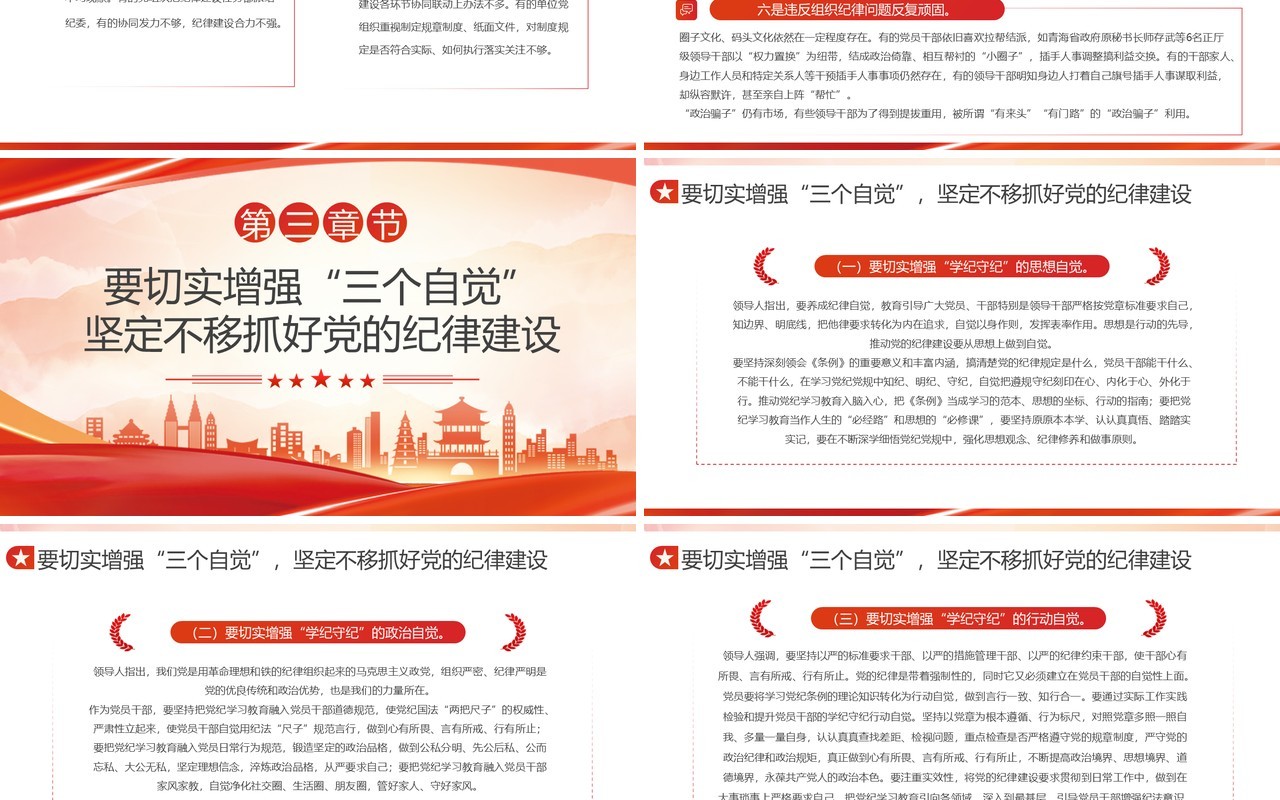 红色增强三个自觉抓好党的纪律建设PPT模板