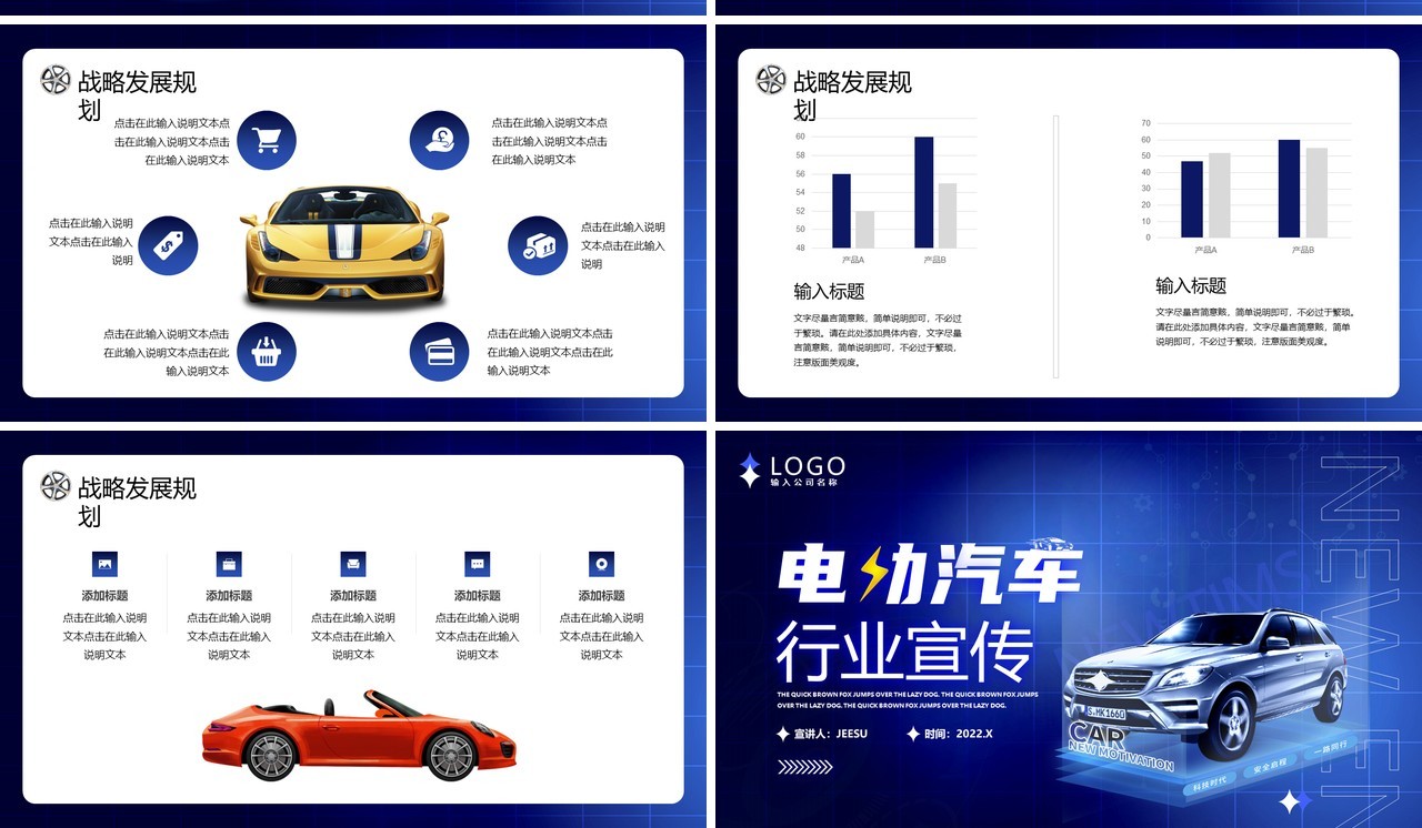蓝色创意风电动汽车行业宣传PPT通用模版
