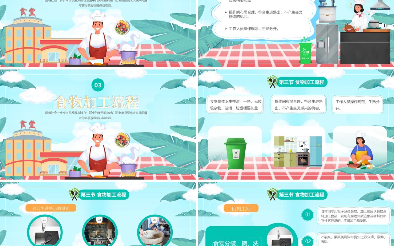 绿色卡通风幼儿园食堂食品安全培训PPT模板