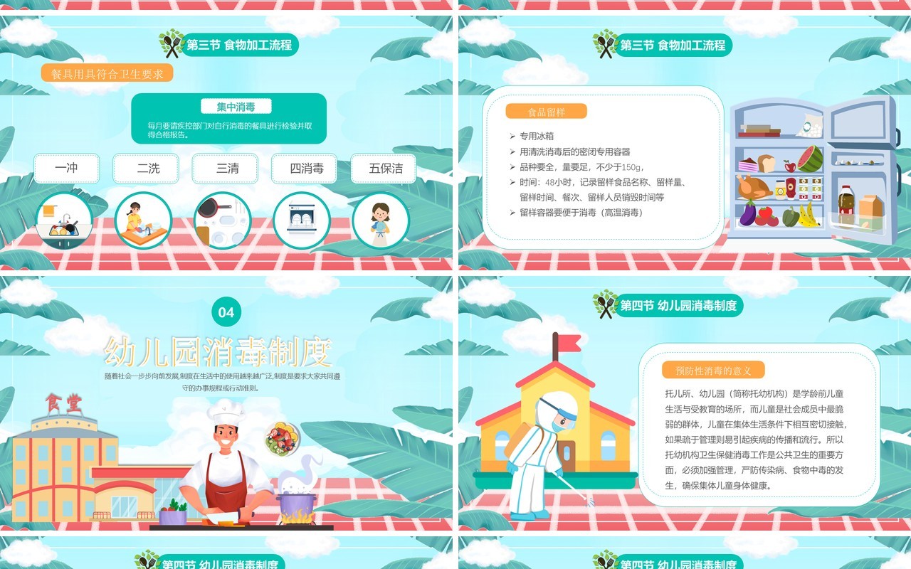 绿色卡通风幼儿园食堂食品安全培训PPT模板