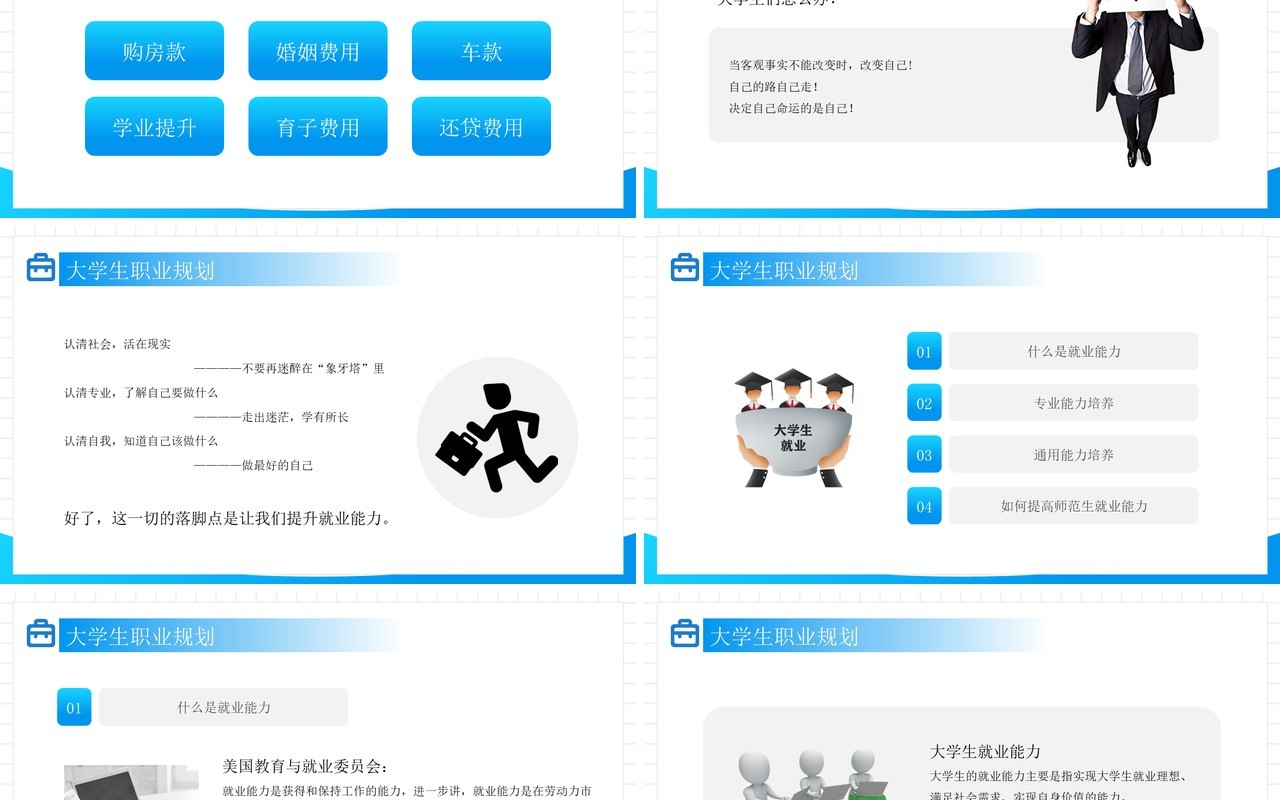 蓝色简约风大学生职业规划就业能力PPT模板