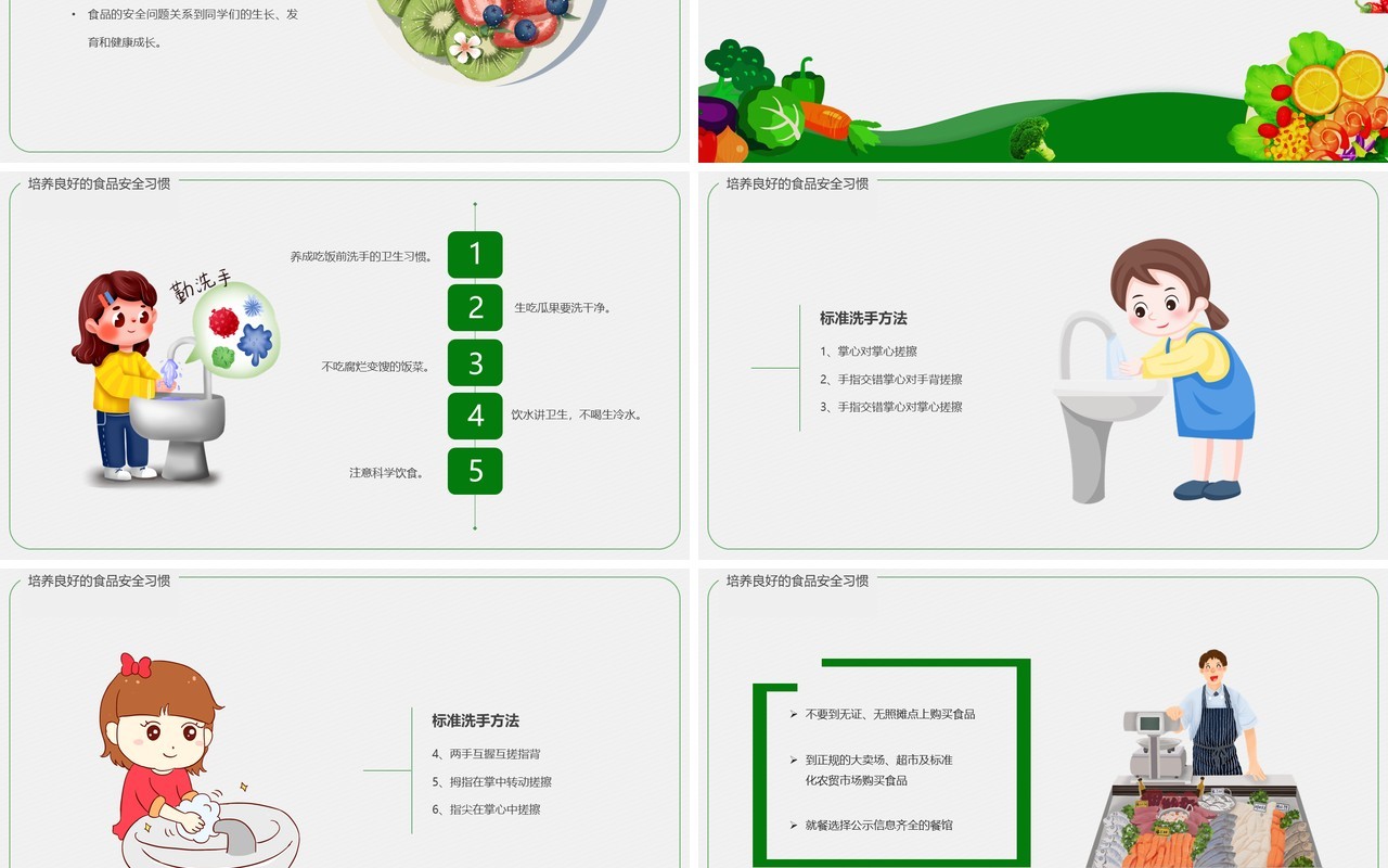 绿色卡通风关注食品卫生安全教育PPT模板