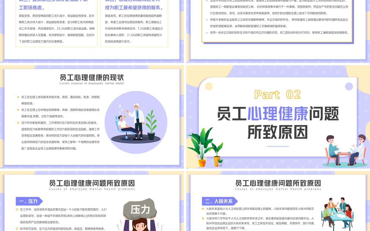 紫色卡通风企业员工心理健康培训PPT模板