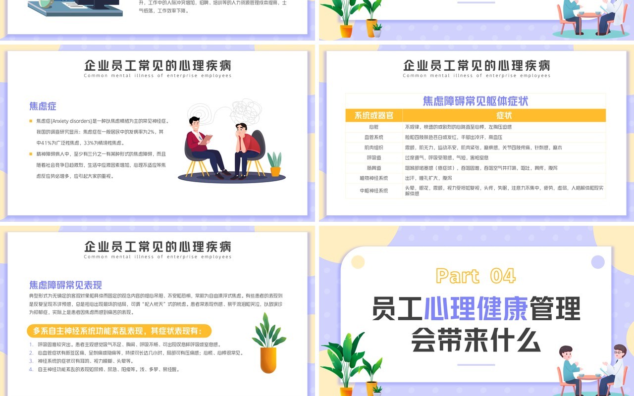 紫色卡通风企业员工心理健康培训PPT模板